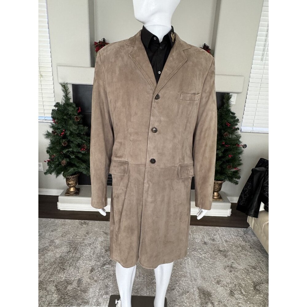 Dolce Gabbana Men's Long Distressed Nubuck Leather Coat Size 54IT